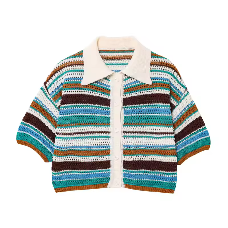 Women Patchwork Striped Hollow Out Crochet Knitted Crop Sweater Shorts Set Short Sleeve Polo Collar Sweater Knit Shorts Suit Y2K - Image 12