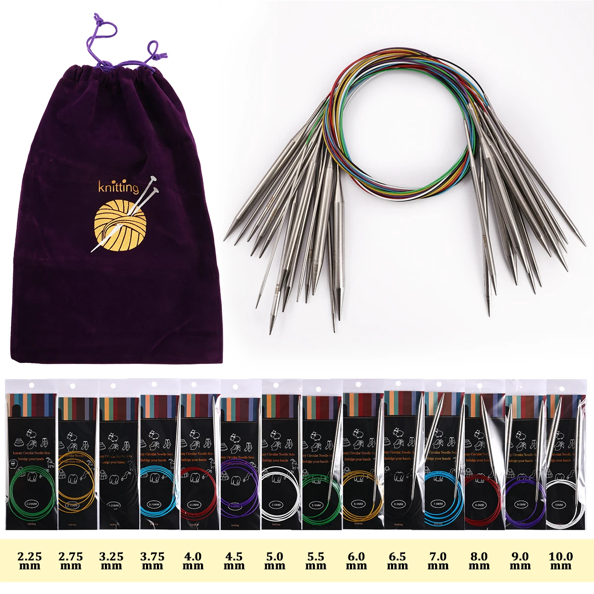 

Stainless Steel Circular Knitting Needle Single Piece 80-120cm Hand Knitting Tool with Colored Cord for Wool Craft