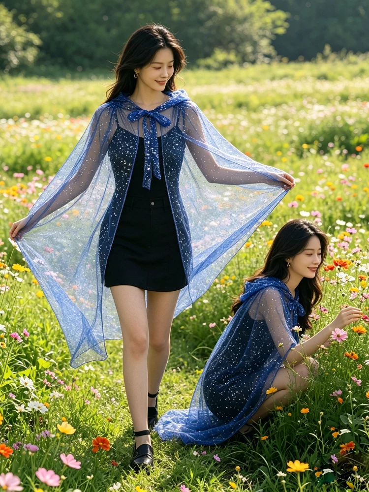 Halloween Stage Performance Cloak Star Mesh Hatless Multi-Color Cosplay Outfit Shoulder Shawl Ethnic Stage Costume Women