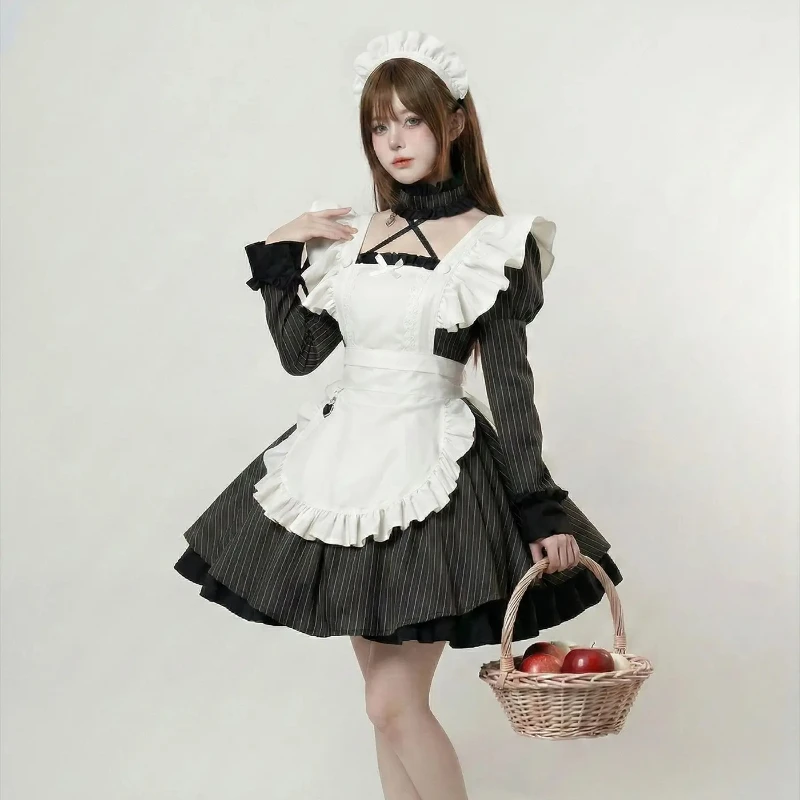 Sweet Striped Maid Cosplay Costume Lace Bubble Sleeves Lolita Dress Suit Theme Party Role Playing Outfits for Adult Women