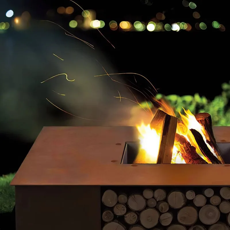 Wood burning real fire fireplace courtyard hotel villa custom barbecue