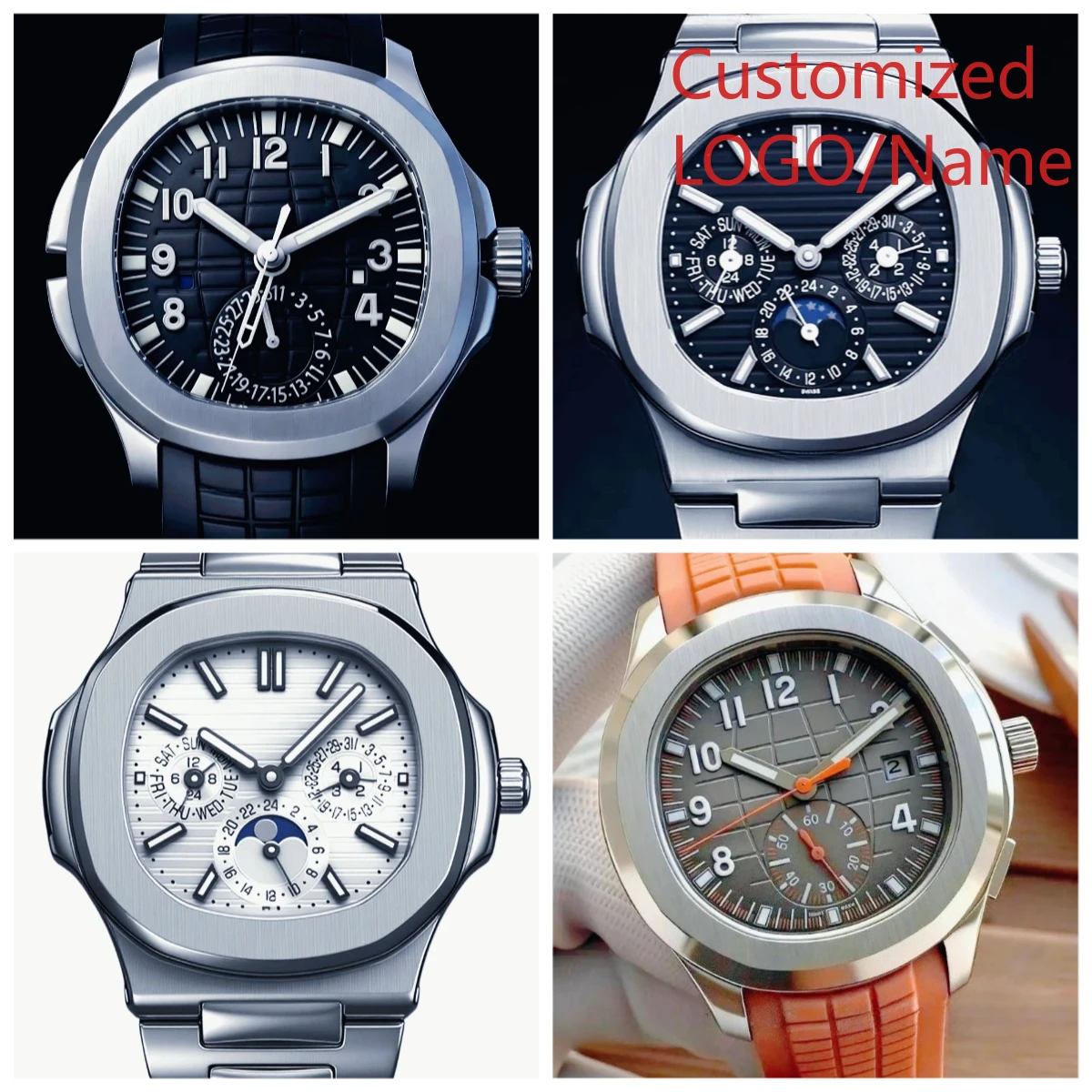 

Мужские спортивные часы A11 Store Customized Watch 40 мм, автоматические механические часы из нержавеющей стали 904L, черные, с синим каучуковым ремешком