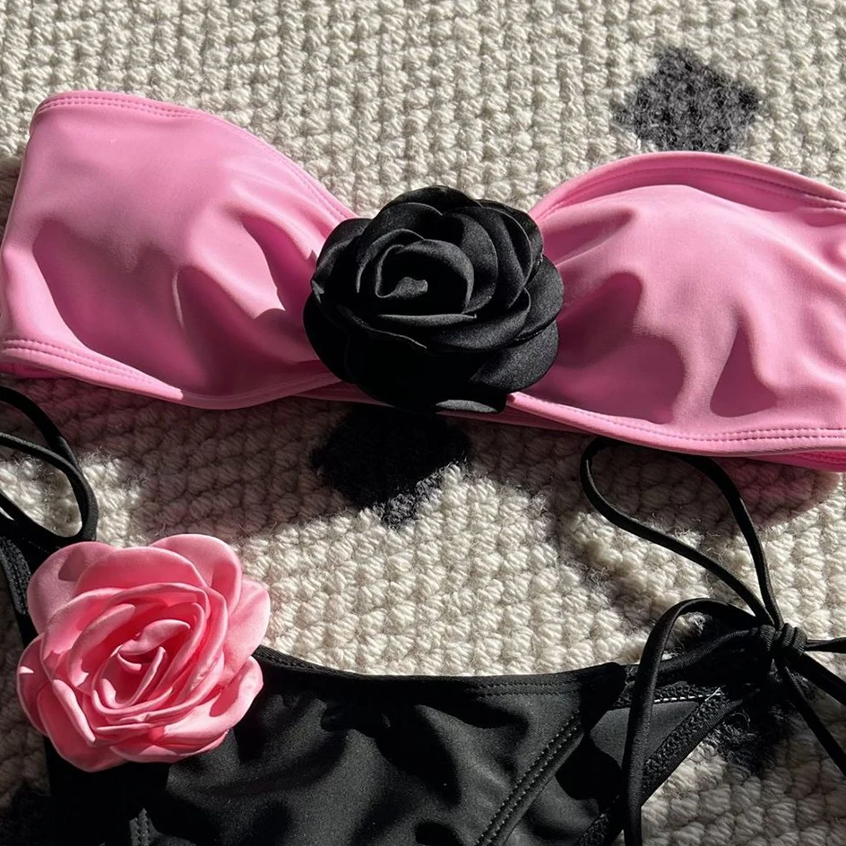 3D różowy kwiat Bandeau Bikini zestaw brazylijski seksowne kontrastowe stroje kąpielowe 2024 kobiet mikro stringi stroje kąpielowe sznurowane sznurowane kąpielowe Mujer