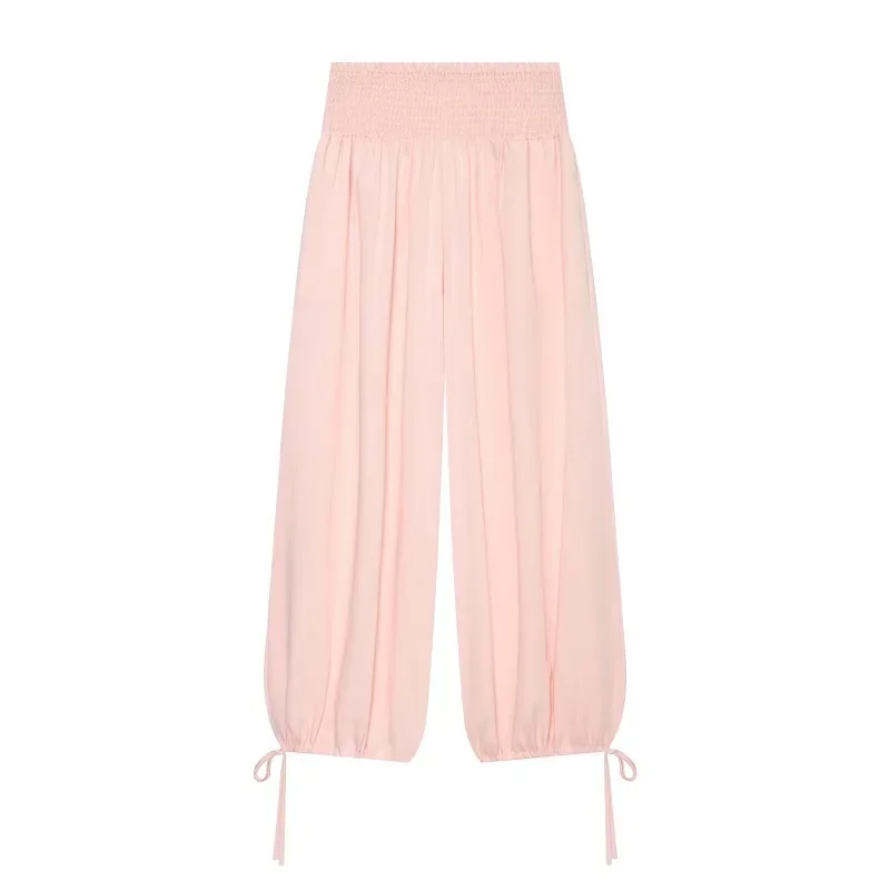HXAO Sommerhose für Damen mit elastischem Bund, Baggy-Hose in Pink, weit geschnittene Hose mit Schnürung, Jogginghose, Faltenhose, Haremshose für den Urlaub – Detail 3