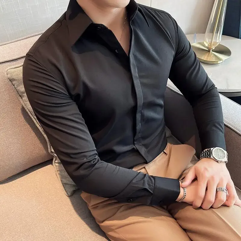 

Новинка 2023 года, рубашки со скрытыми пуговицами, мужские смокинги с длинными рукавами, простые деловые повседневные облегающие офисные блузки Homme, большие размеры 4XL-M