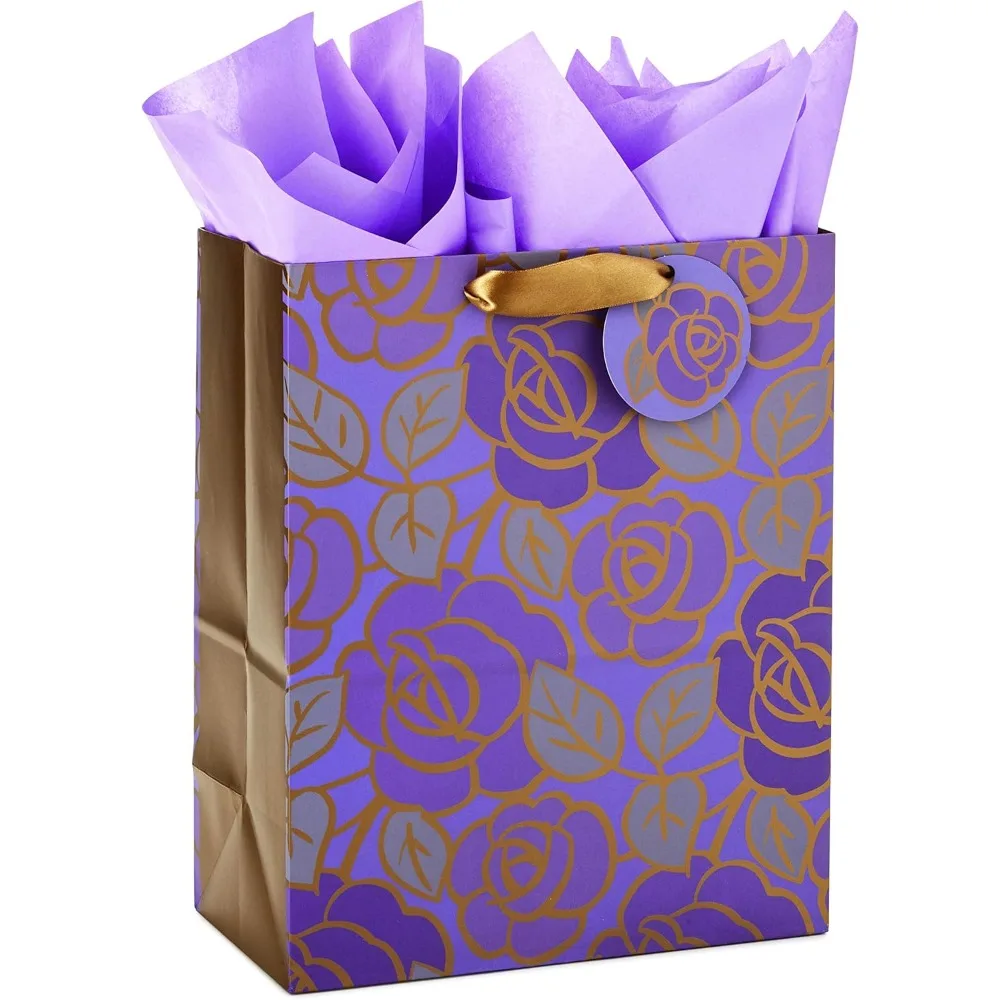 

13 Large Gift Bag with Tissue Paper (Purple Flowers, Gold Accents) for Birthdays, Mother's Day, Bridal Showers, Wedding