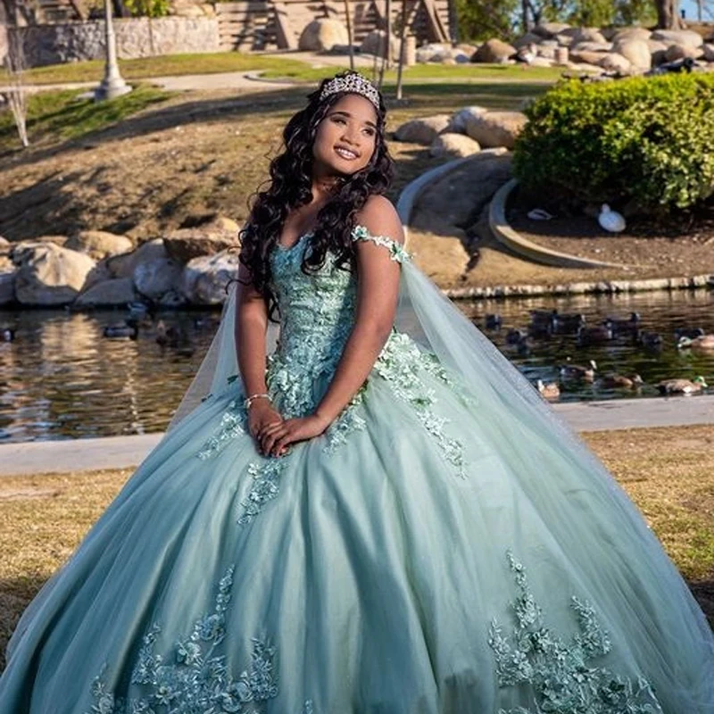 ANGELSBRIDEP-vestido De quinceañera verde salvia con capa De cristal dulce, 15 Vestidos De XV Años De graduación, Vestidos De desfile, corsé