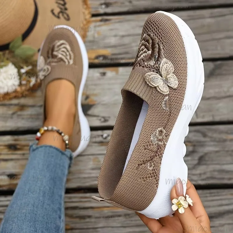 2026 Spring Floral Embroidered Slip-On Walking Shoes for Woman Breathable Mesh Knit Casual Sneakers Comfortable Loafers Size 42 view 6