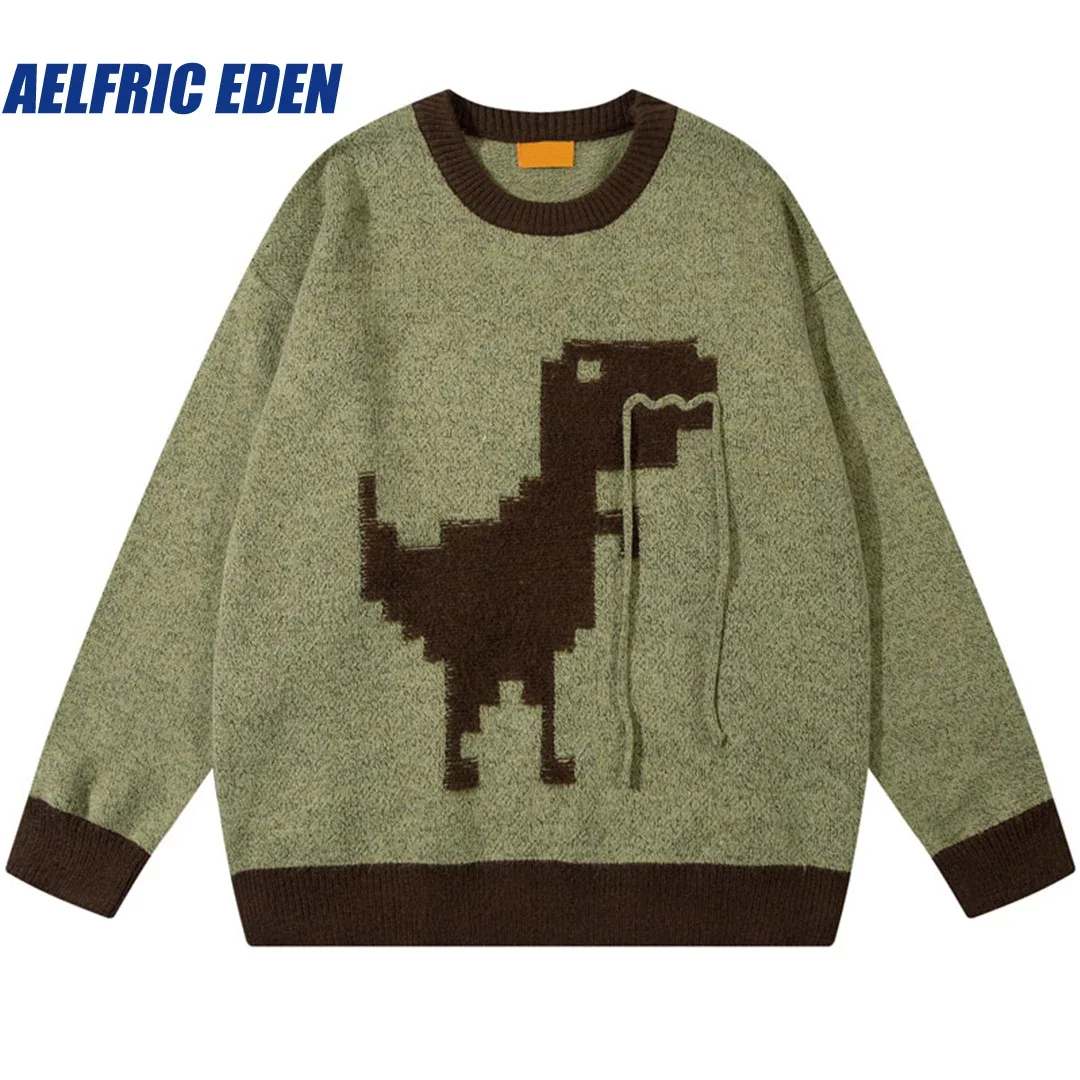 Aelfric Eden Knitted Funny Kawaii Cartoon Pullover Jumper Hip Hop Harajuku Dinosaur Sweater Streetwear Casual Patchwork Sweaters