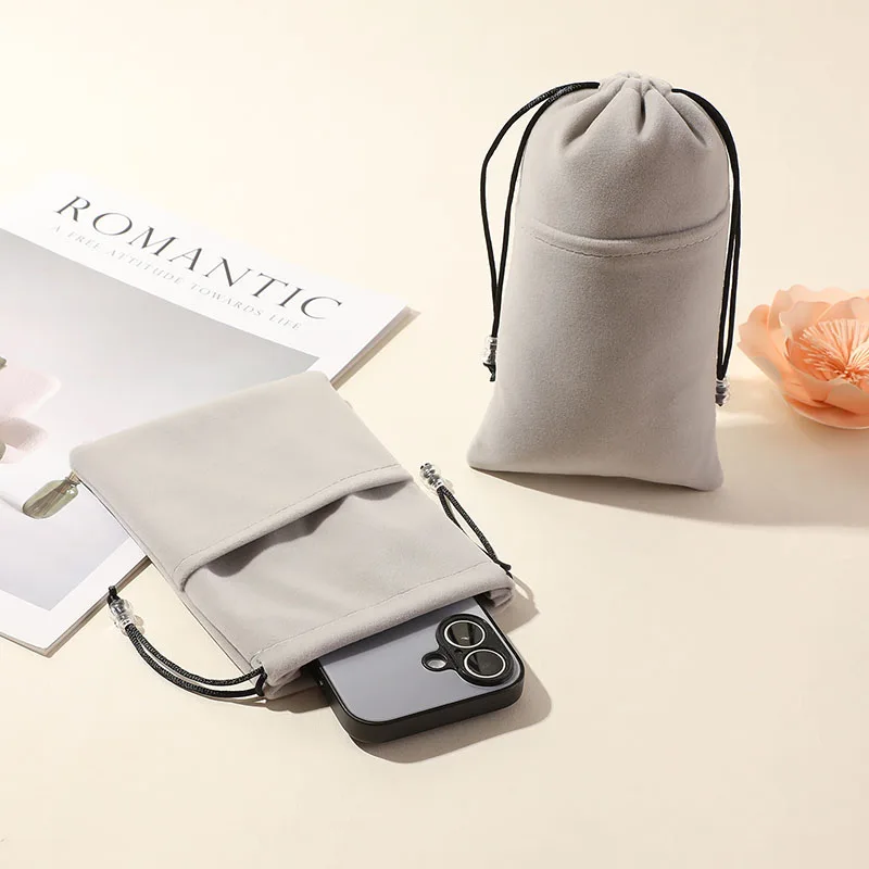 20pcs/lot 9*14 12*16 11*20cm Soft Grey Velvet Drawstring Pouches Digital Phone Storage Bag Jewelry Gift Bags Customize Logo
