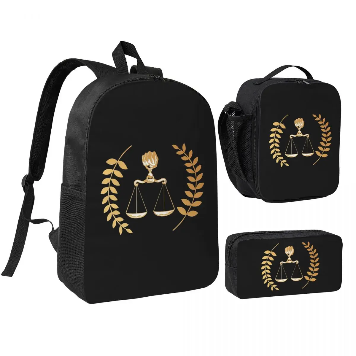 Sac à dos, sac d'école, sacs à bandoulière, sac à déjeuner et trousse à crayons (lot de 3) avec motif logo de la balance de la justice dorée, pour avocat, affaires juridiques, étudiant