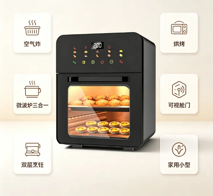 Visible 3‑In‑1 Small Air Fryer Oven Microwave Combo, Compact Household Kitchen Appliance for Baking Roasting Oil‑Free Frying