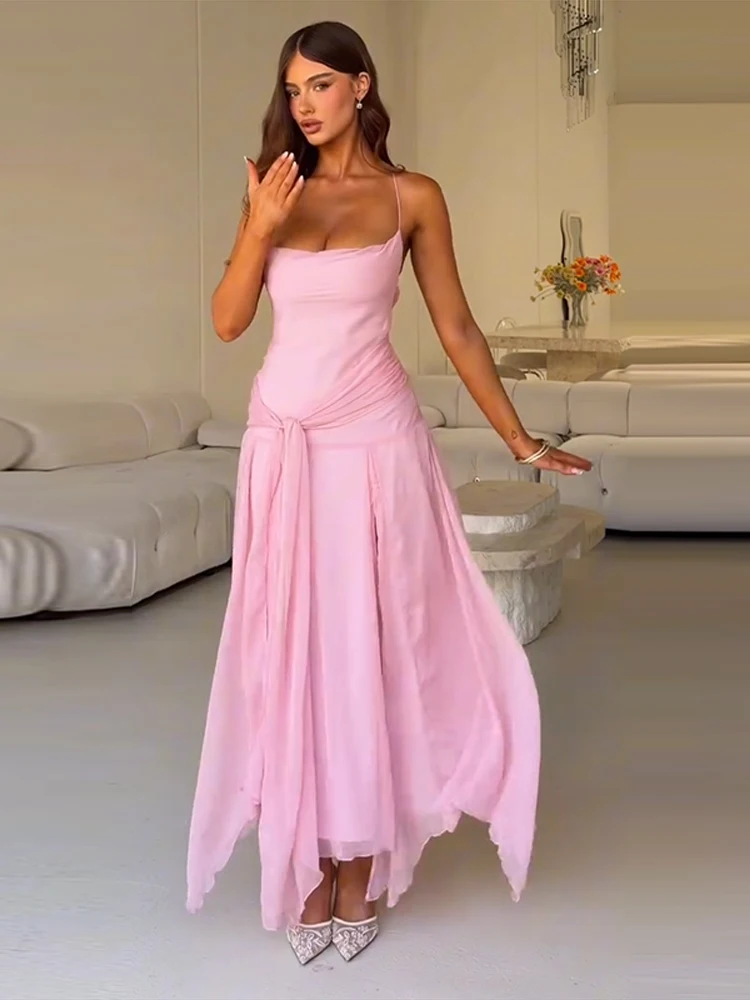 Asymmetrisches Langes Schnürkleid für Damen Sexy Spaghetti-Träger Ärmellos Rückenfrei Hoher Schlitz Schlankes Party-Abendkleid Neues Vestido – Detail 10