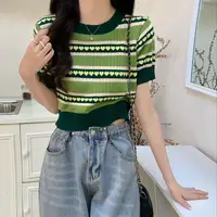 26/5000  Large size Avocado Green Knit T-shirt Short sleeve blouse ice yarn slim loose thin short Tshirt - Image 5