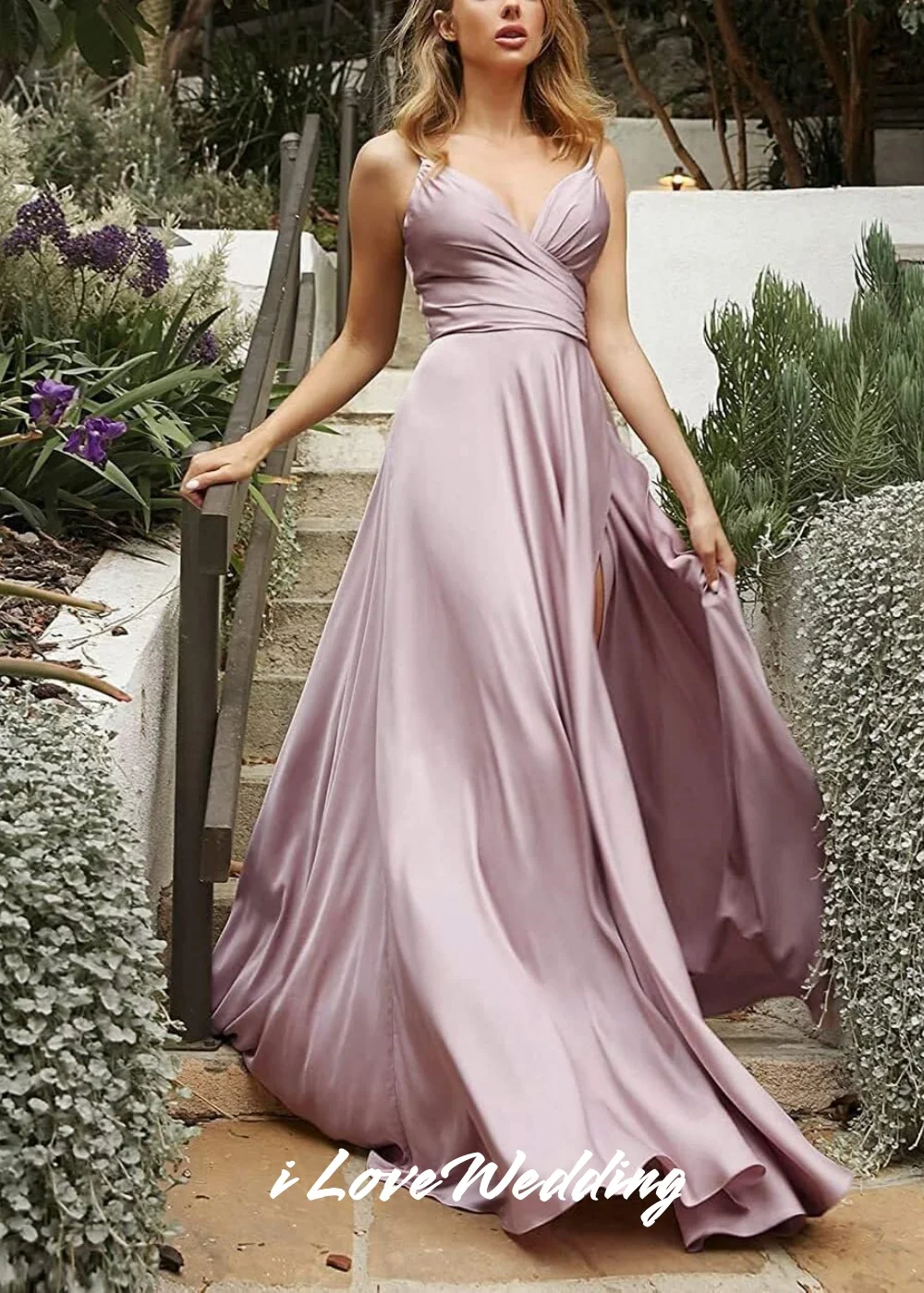여자 v 넥 신부 들러리 드레스 스파게티 스트랩 웨딩 게스트 드레스 바닥 길이 사이드 슬릿 드레스 주름 섹시한 맞춤형 2025