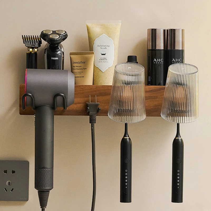 Integrated Toothbrush And Hair Dryer Storage Rack-Wall-Mounted Bathroom Locks Dehydrator Holder Perforated Walnut Bracket