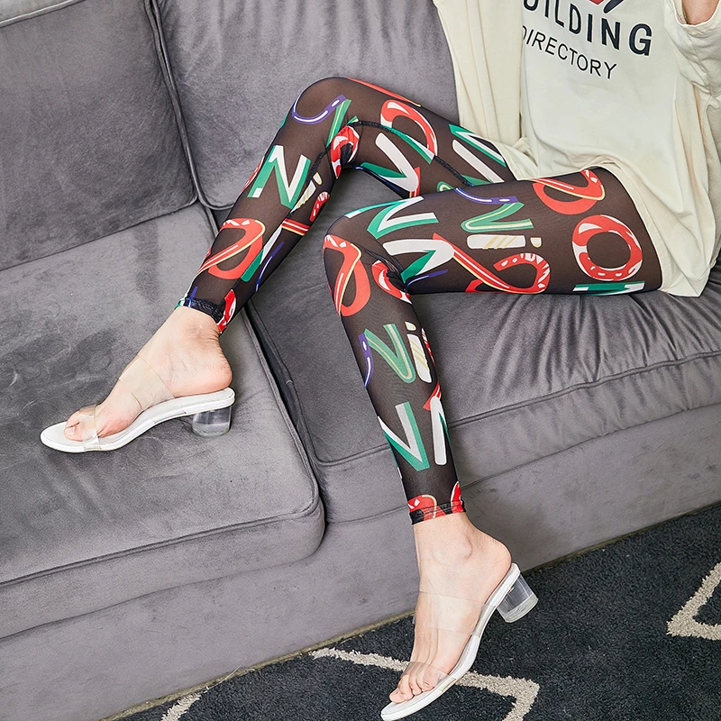 Summer High-waisted Printed Graffiti Mesh Leggings Women Feel Mesh Elastic Tights Thin Black Letter-printed Nine-quarter Pants