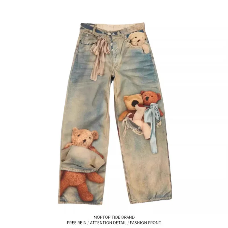 Teddy Bear  Knot Wide Leg Jeans Digital Printing Unisex Long Pants Straight Tube Cotton Youth Fashion Daily Wear