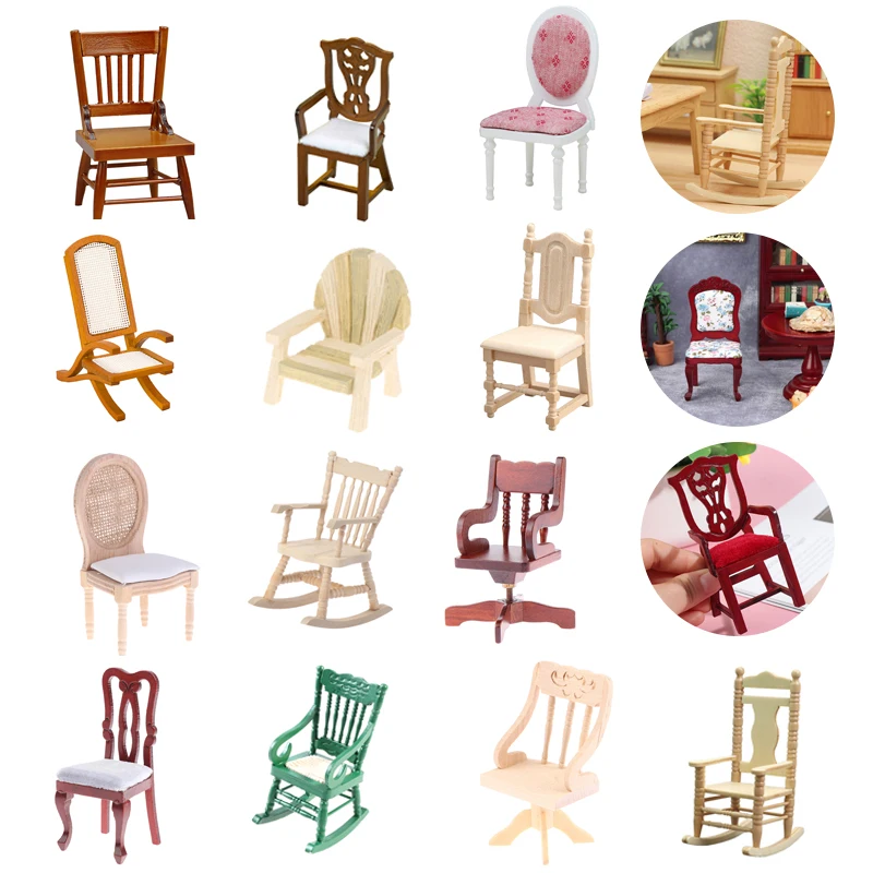 Dollhouse Chairs Doll House Furniture Miniature Sofa Chairs Mini Rocking Chair High Chair Model Decor Accessories Toy 27 Styles