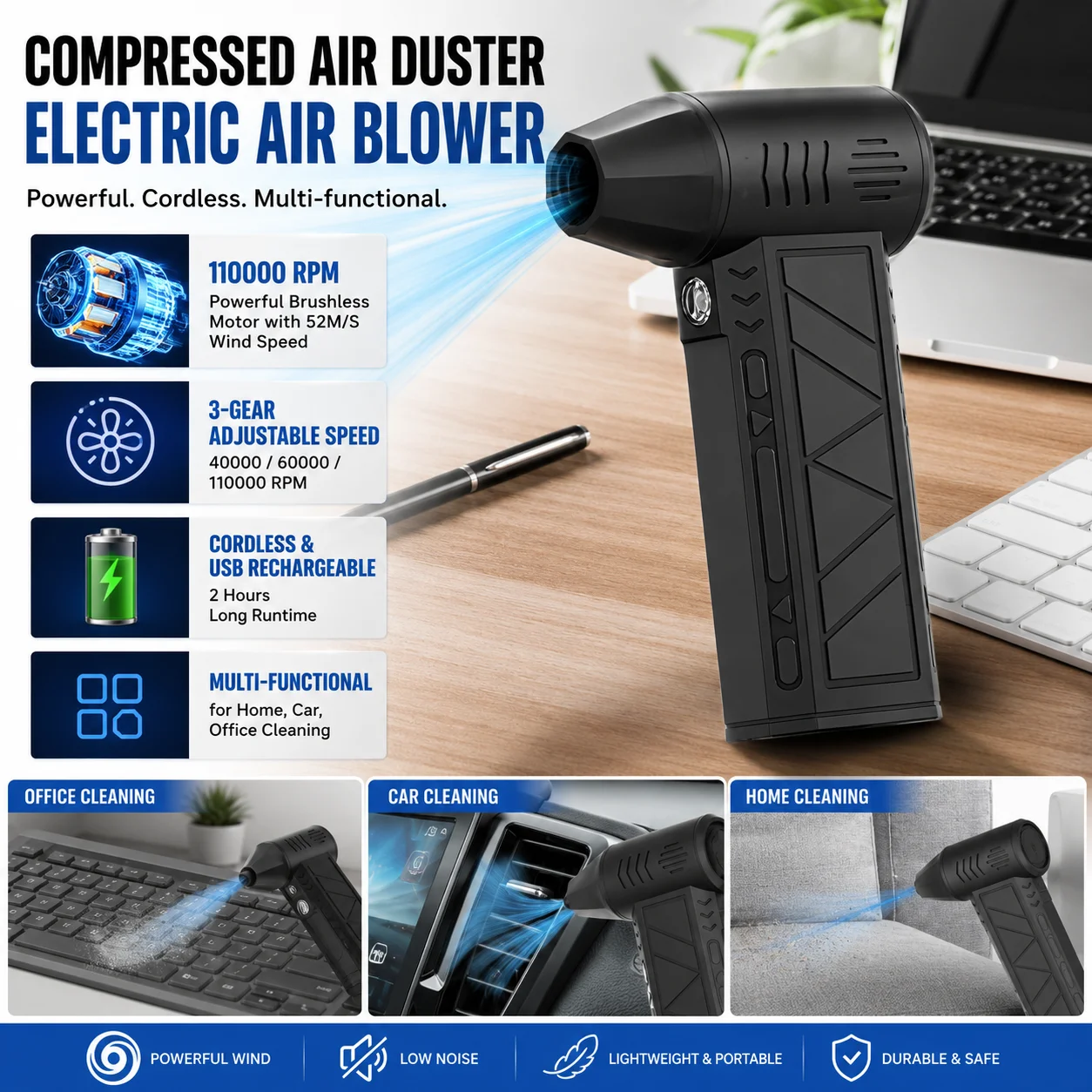 

Cordless Electric Air Duster 3 Speed 110000 RPM Rechargeable Air Blower USB Vacuum Cleaner for Home Car Keyboard and Outdoor Use High Speed Compressed Air Gun Wireless Dust Destroyer for Camera Lenses Gaming PC Desk