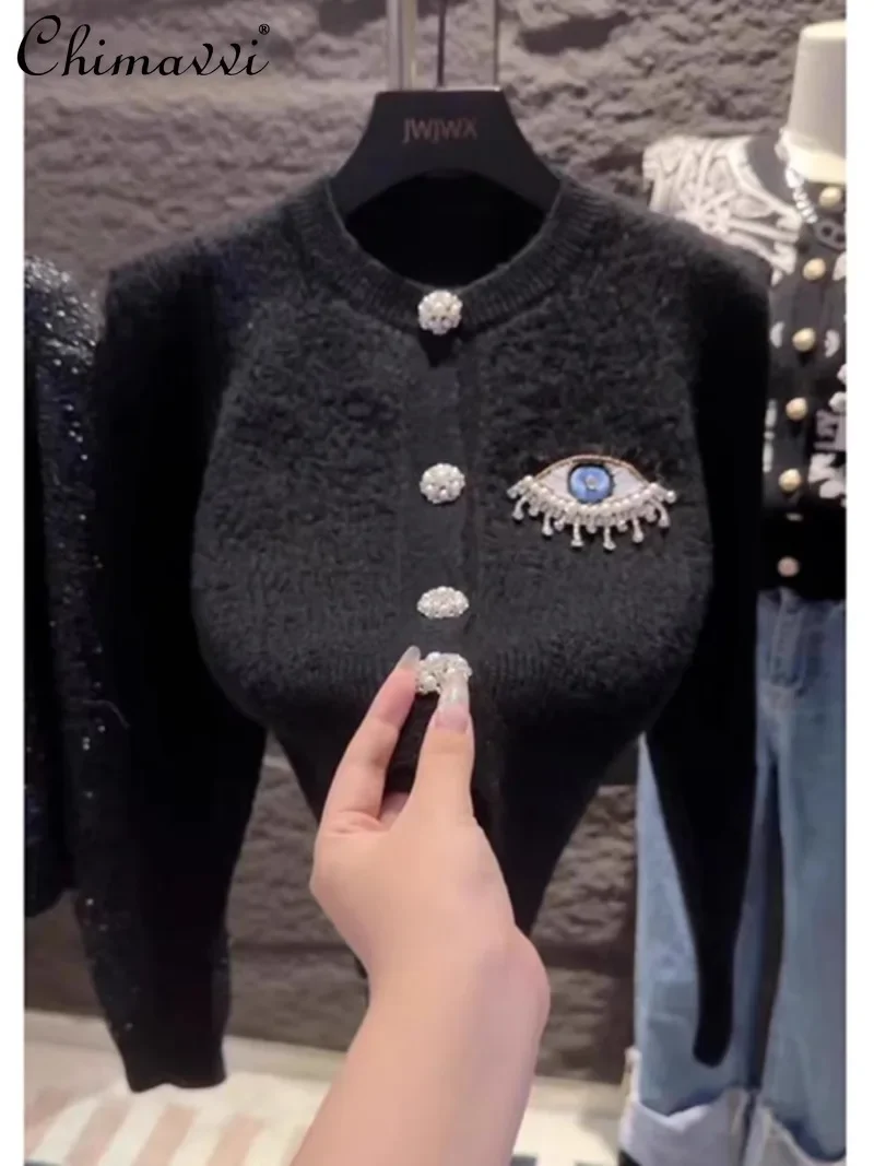 

Autumn and Winter Heavy Industry Diamond-encrusted Knitted Cardigan Fashionable Lazy Design Sense Niche Sweater Jacket For Women