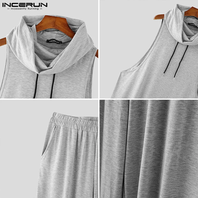 INCERUN 2024 Amerikaanse Stijl Sets Mode heren Mouwloos Sweatshirt Broek Casual Stapel Hals Ontwerp Onregelmatige Zoom Tweedelige sets