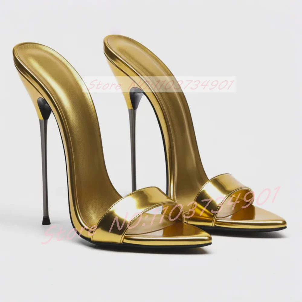 Gold Metallic Ultra-Thin Stiletto Heels Mules Slippers 16CM Women Sexy Pointed Toe Mules Feminine Patent Leather Mules Size 46