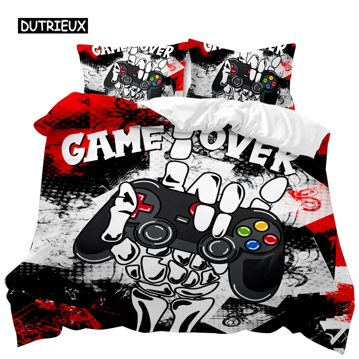 

Gaming Duvet Cover Set Sugar Skull Gamer Bedding Spider Web Halloween Polyester Duvet Cover Kids Juvenile Hand Skeleton Gamepad