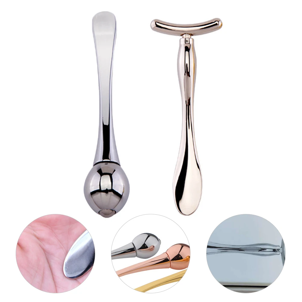 1 مجموعة كريم عين العصي T-شكل أداة تدليك الوجه مزدوجة نهاية المحمولة ملعقة معدنية للعناية بالبشرة روتين العين عصا قناع الوجه #1