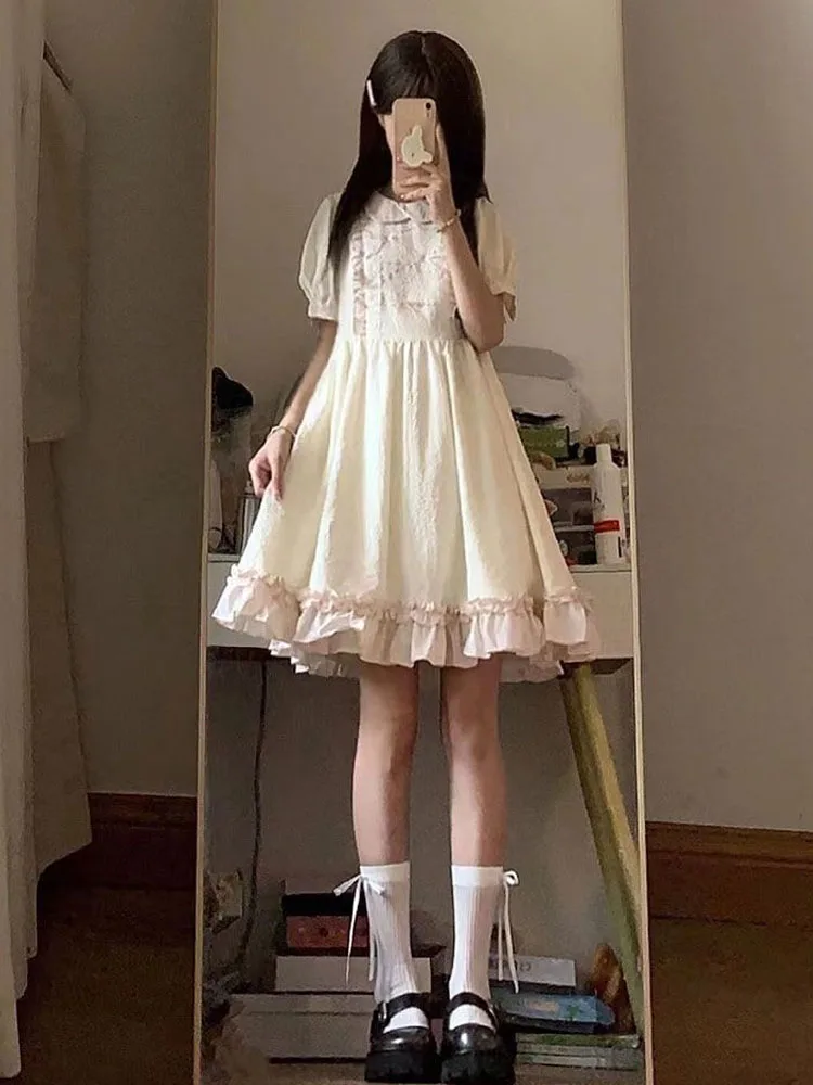 

Japanese Small Man Sweet Waist Dress Summer Sweet Little Skirt Lolita Princess Fluffy Cake Dress Lolita Lace Dress Korean Series