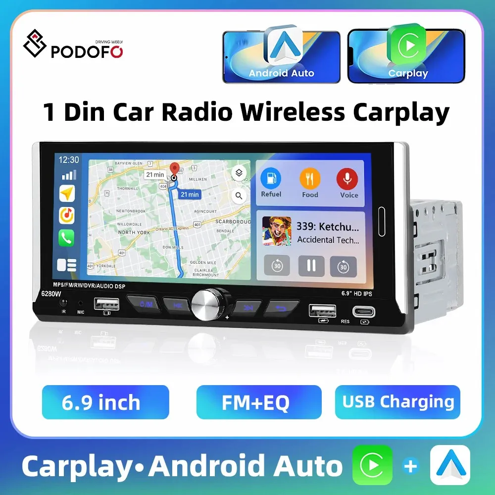 Podofo 6.9'' 1Din MP5 Player Wireless Carplay Android Auto Car Stereo FM/RDS Bluetooth USB &TYPE-C Mirror Link 1 Din Car Audio