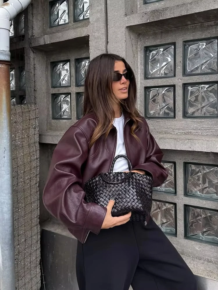 Wine Red Faux Leather Jakcet Fashion Outerwear Thicken Zipper Lapel Pu Coats Autumn Winter Streetwea