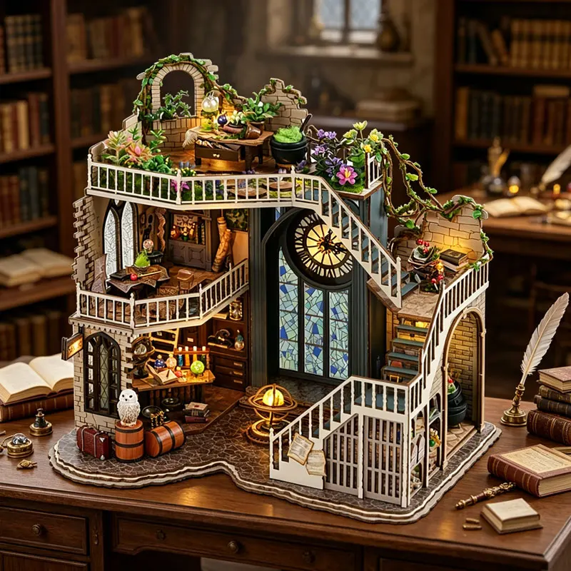 

Zuuton DIY Miniature Magic Doll House Kit Wooden Gothic Clock Tower Building Model with LED Light Creative Gift for Home Decor