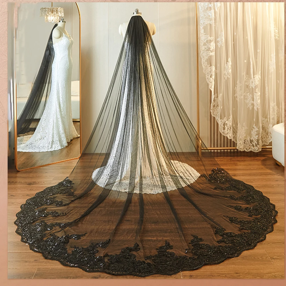 

300cm Length Lace Wedding Veil 300cm Width 1T Bridal Veil Sequined Appliques Bride Veil Party Veils Customized