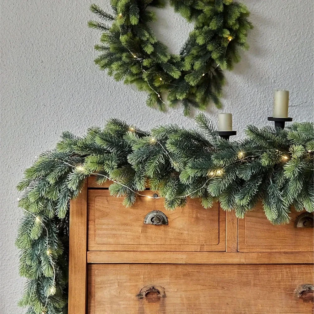 Weihnachtsgirlande aus künstlichem PE zum Aufhängen, Rattan, dekorative Zederngirlande mit LED-Lichtgirlande für Kaminsims, Kamin, Tischdecke – Detail 8