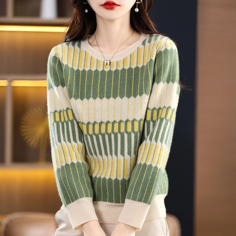 Autumn/Winter new women's sweater 100% Merino cashmere round neck jumper Fashion four flat jacquard warm base knit shirt