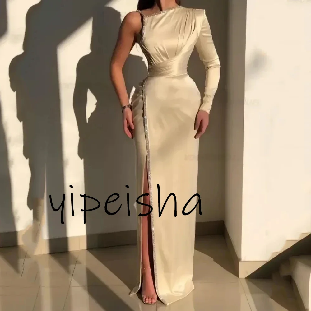 Customized Fashion Champagne Elegant Evening Gowns One Shoulder Long Sleeves Beading Mermaid Wedding Party Dress