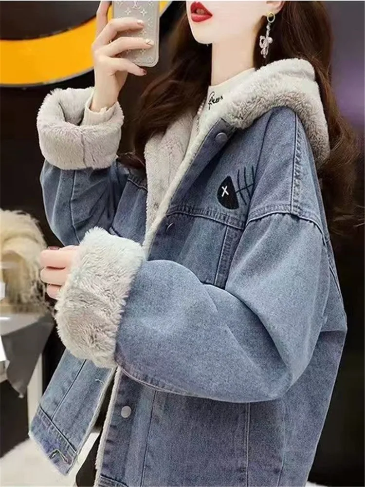 2024 Winter Spring New in Women\'s Denim Jacket Blue with Hat Hoodie Fashion Oversize Embroidered Streetwear Jean Coat Outerwears