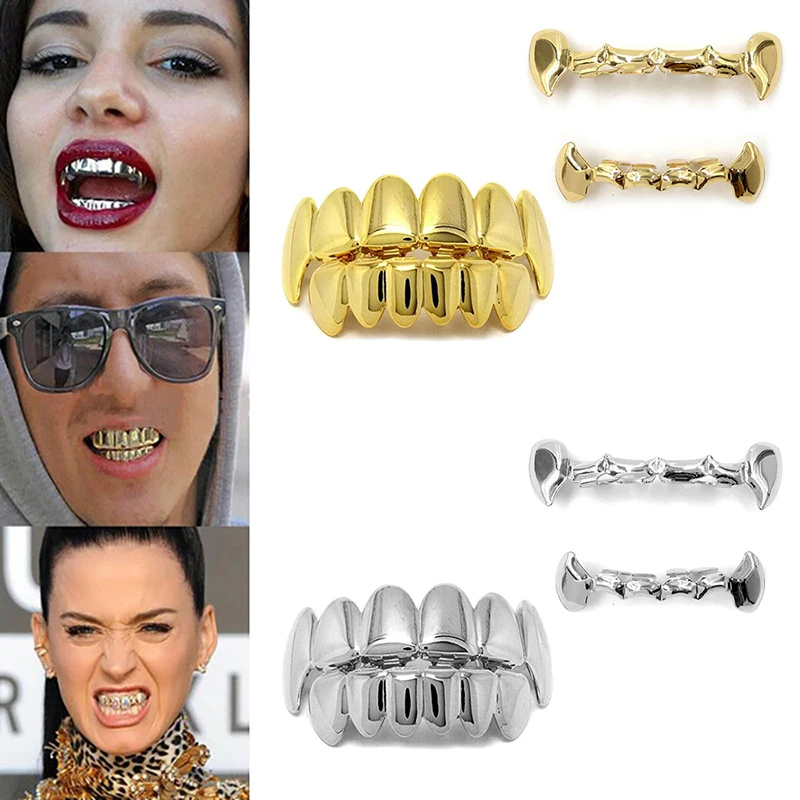 Gold Silver Plated HIP HOP Teeth Grillz Top & Bottom Grills Set With Silicone Real Shiny Vampire Tooth Sets With Medical Tweezer