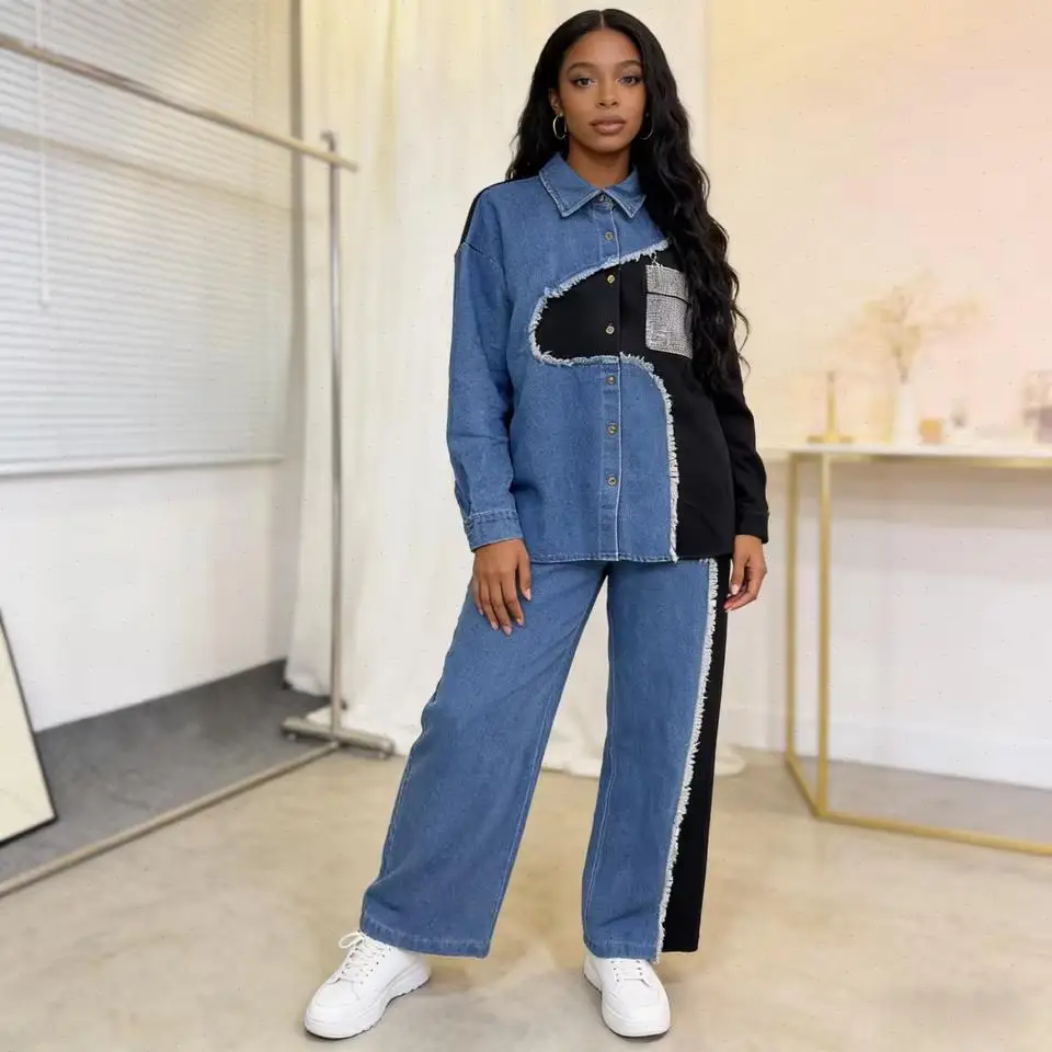Women Pant Sets Two Pieces Single Breasted Denim Blouses Washed Straight Trousers Full Length Pant Loose Casual 2026 Spring