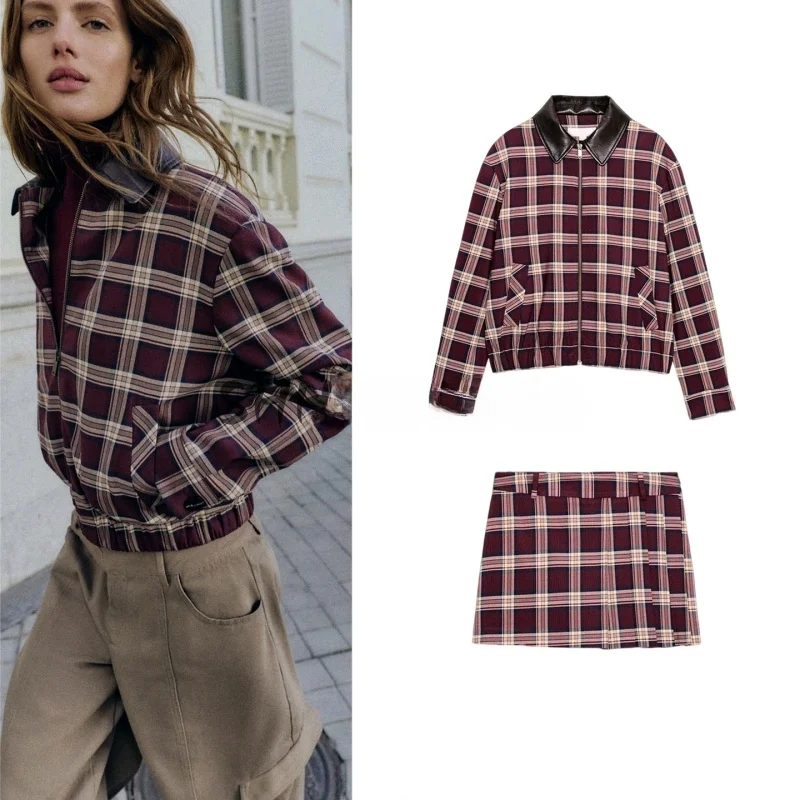 

Кожаное пальто-пилот в клетку с низкой талией, широкая плиссированная юбка, брюки, комплект из 2 предметов, повседневный зимний женский наряд Faion