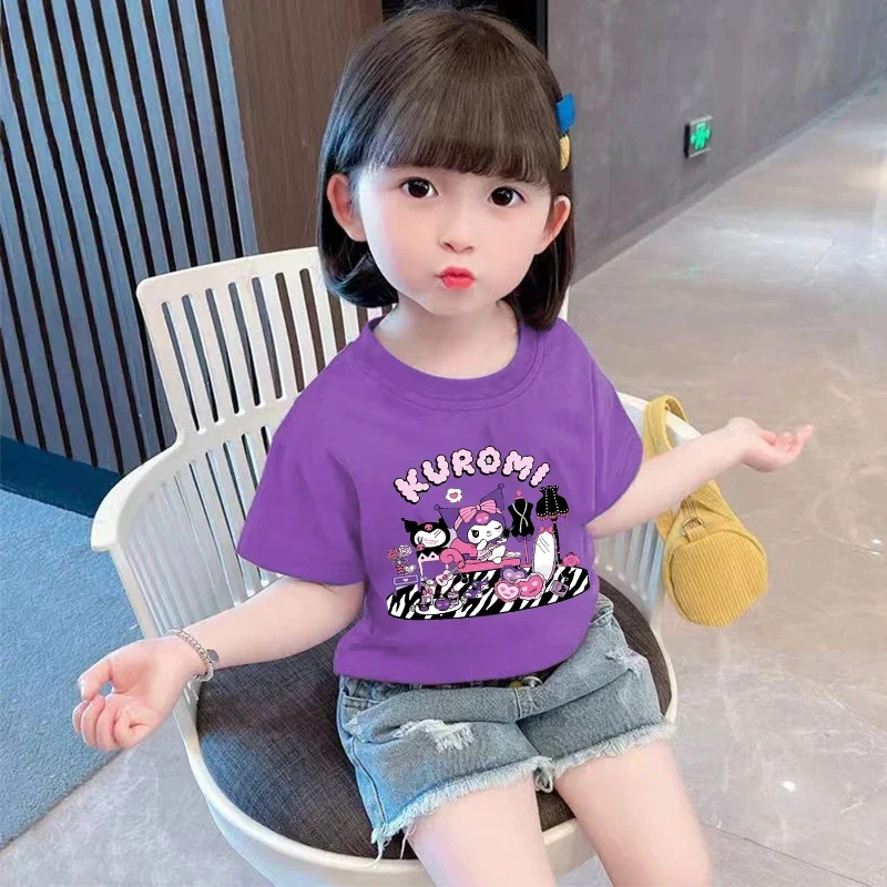 Kuromi Children Short Sleeves T-Shirts Cartoon Fashion Tops Anime Sanrio Girls Purple Kids Summer Tees Clothes Birthday Gift New