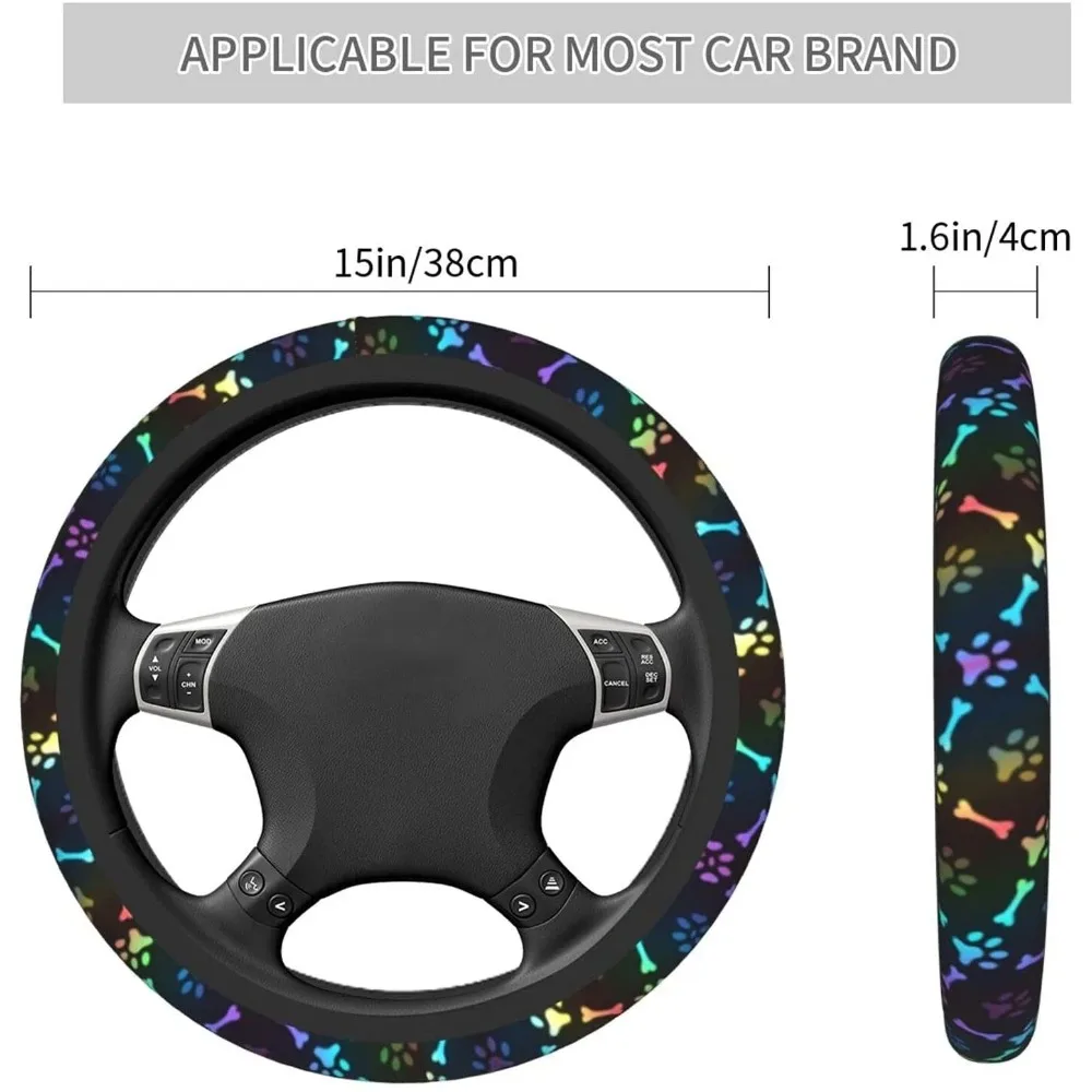Black Rainbow Dog Paw Print Steering Wheel Cover Colorful Cute Bones Stearing Wheeler Covers Car Interior Accessories 15 Inch