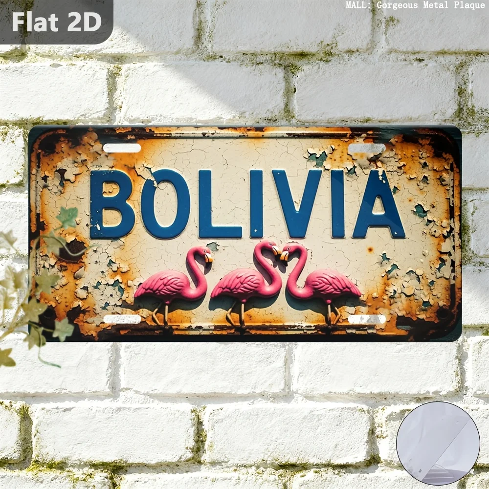 2D Flat, 1pc, Sign, Decorative Plaque & Statues (30.48cm X 14.99cm), Bolivia Metal Plate with Flamingos, Metal Plaque Wall Decor