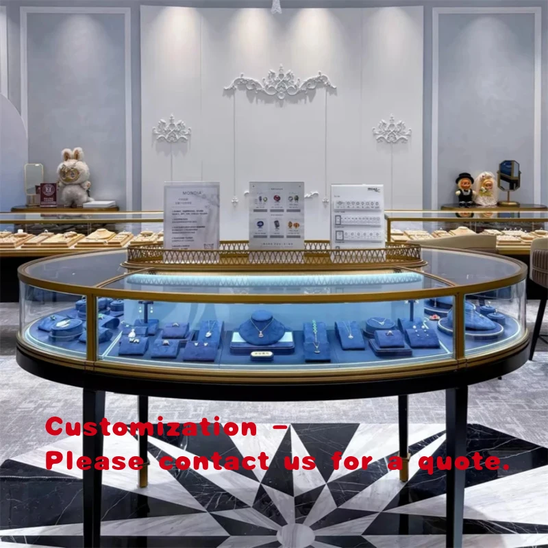 

custom.Jewelry Showcase Display Oval PVD Gold Steel Curved Glass Luxury Identity Strategy Bespoke Service Shangyuan
