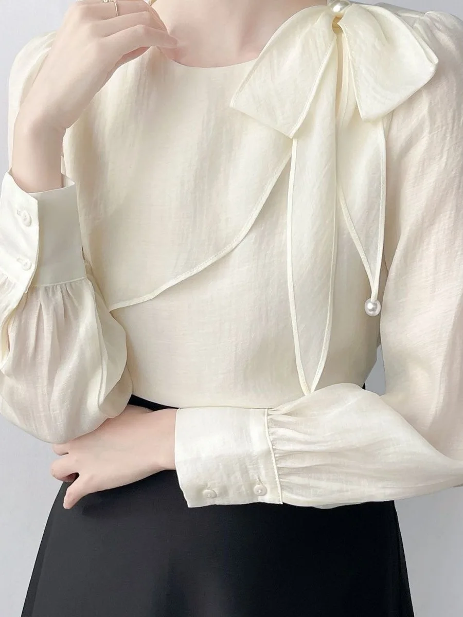 

Новинка 2025: Элегантный женский топ из шифона с узлом, длинный рукав, универсальный, свободный крой, французский стиль, круглый вырез, для ранней осени