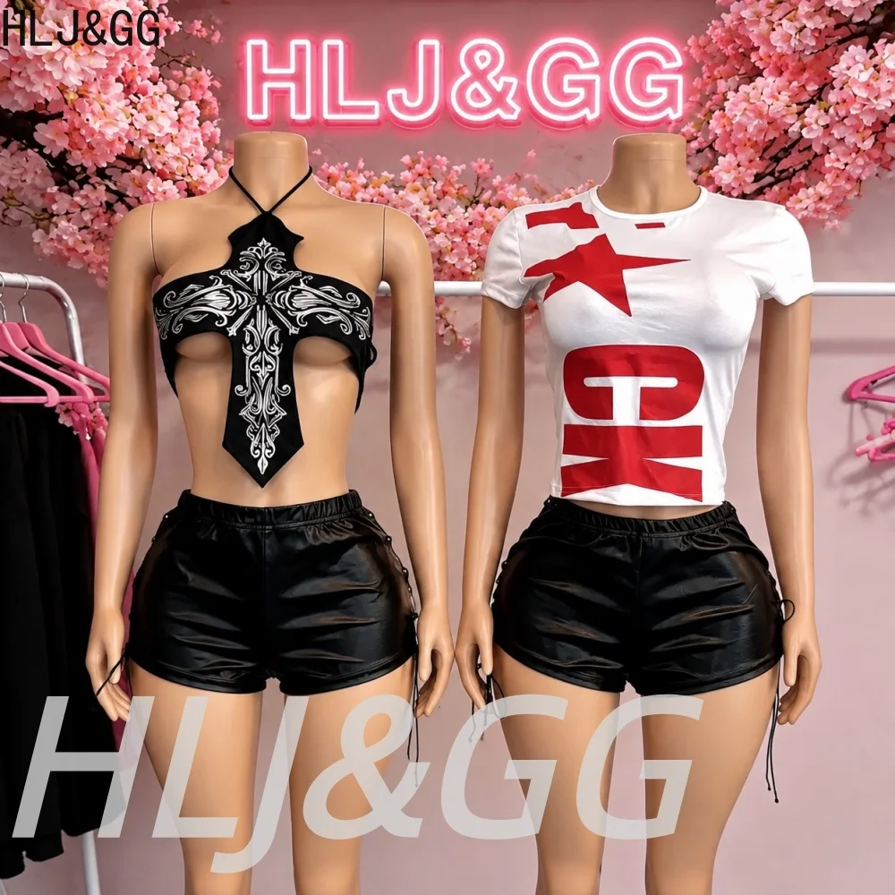 HLJ&GG Black Sexy Print Halter Lace Up Top Two Piece Sets Women Sleeveless Vest + Leather Side Bandage Shorts Outfits Streetwear