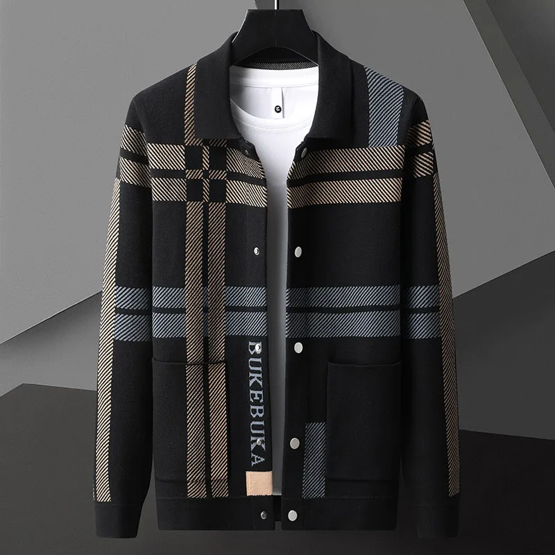 2023 Fall Winter Fashion Plaid Sweater Cardigan For Men High Quality Korean Soft Warm Knit Jacket Mens Classic Comfortable Coats