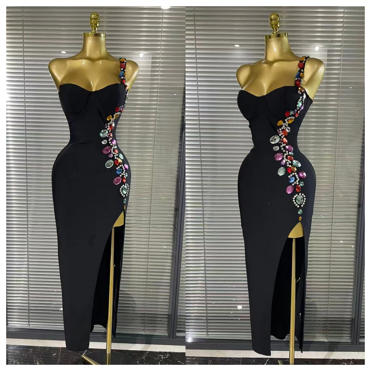 Nuevo negro Wmen Sexy un hombro colorido cristal ceñido al cuerpo vestido largo elegante fiesta de noche celebrar traje de cóctel