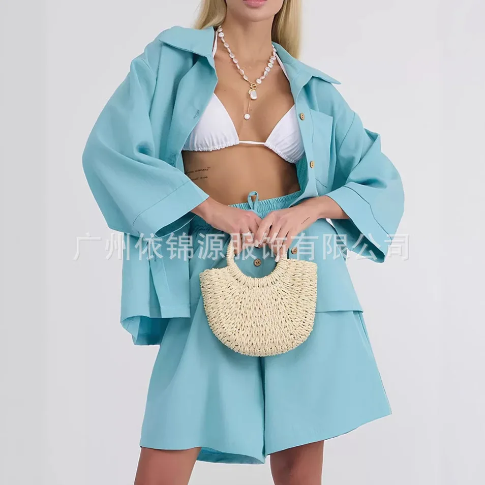 

Cardigan Top Shorts 2PCS Outfit, Women Summer Half Sleeve Patchwork Matching Sets, 2025 Turn-Down Collar Chic Ladies Suits